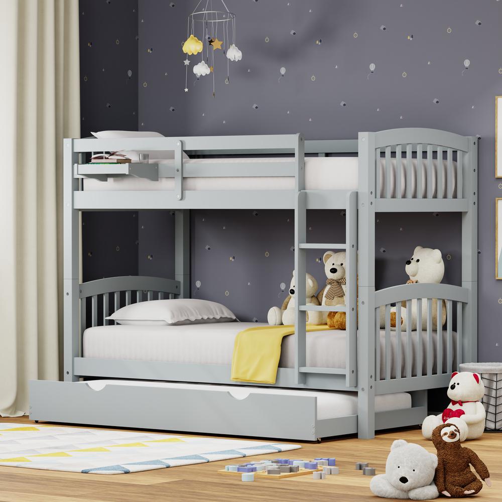 Arca Wood Twin/Twin Bunk Bed, Hanging Nightstand, & Trundle - Light Grey. Picture 1