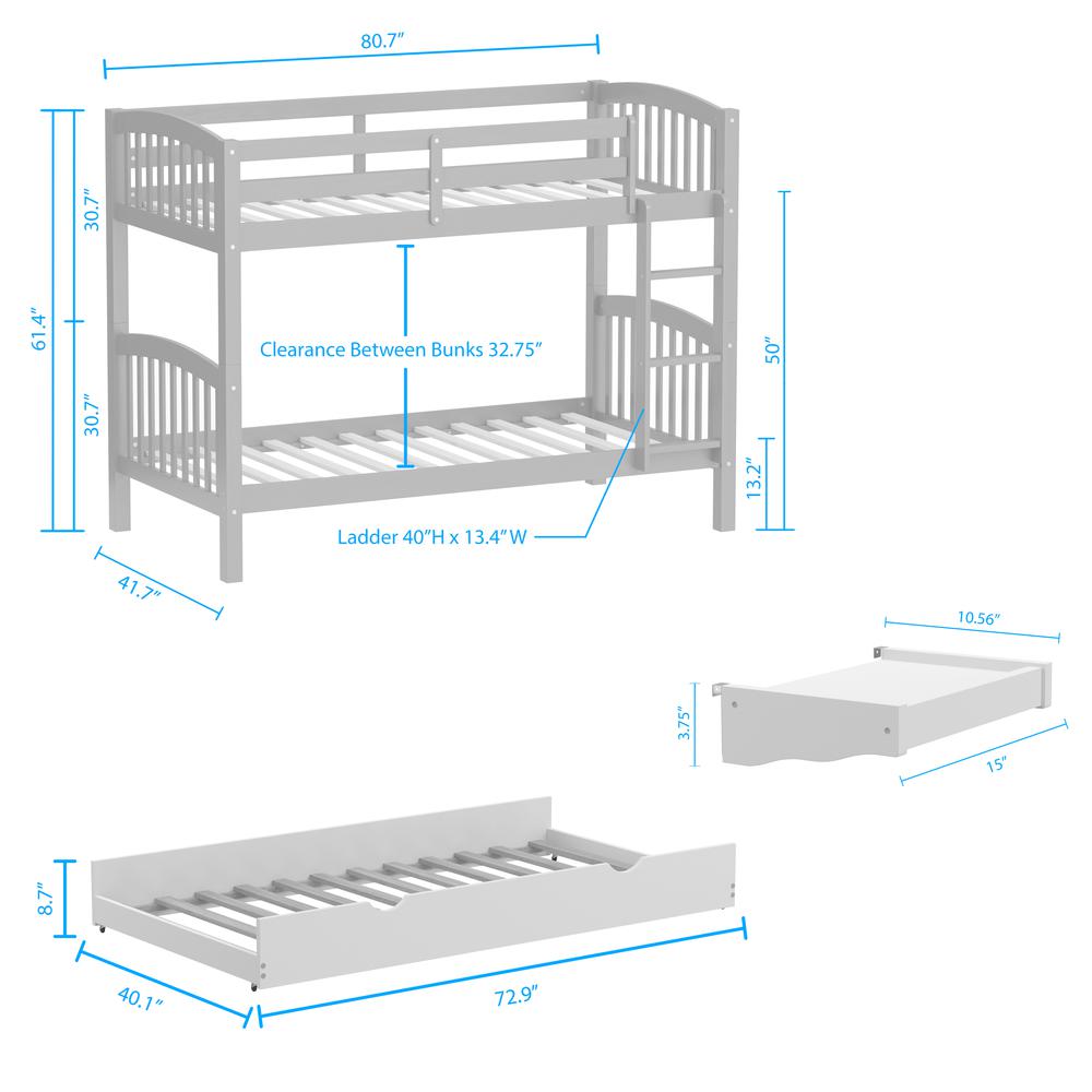 Arca Wood Twin/Twin Bunk Bed, Hanging Nightstand, & Trundle - Light Grey. Picture 10