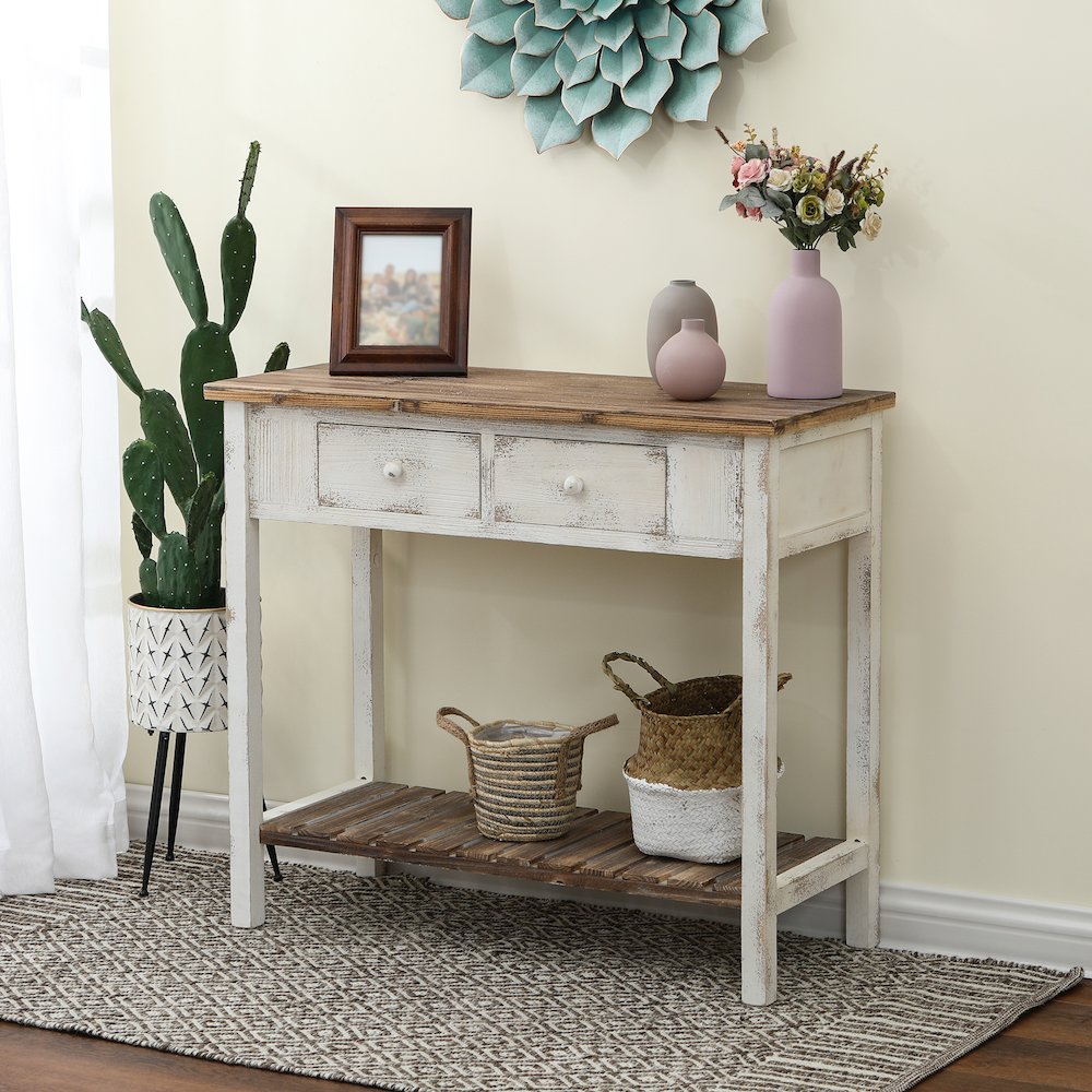 Distressed White and Wood 2-Drawer 1-Shelf Console and Entry Table. Picture 3