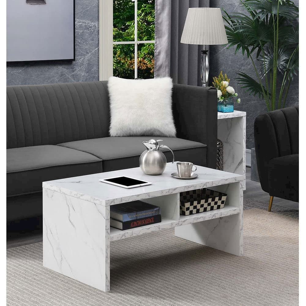 Northfield Admiral Deluxe Coffee Table with Shelves, White Faux Marble. Picture 2