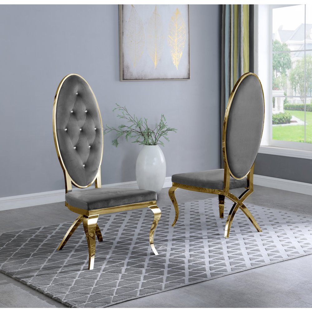Velvet Side Chair Set of 2, Stainless Steel Gold Legs, Dark grey. Picture 1
