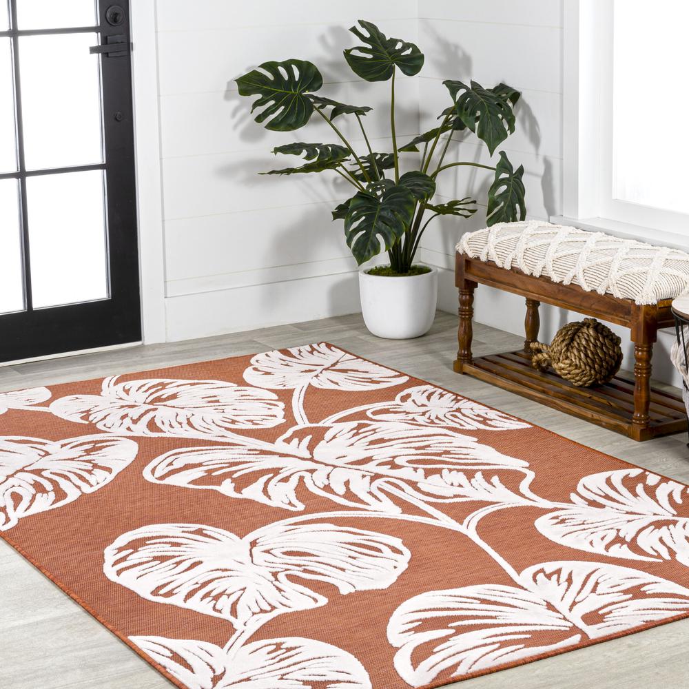 Tobago High-Low Two Tone Monstera Leaf Area Rug. Picture 6