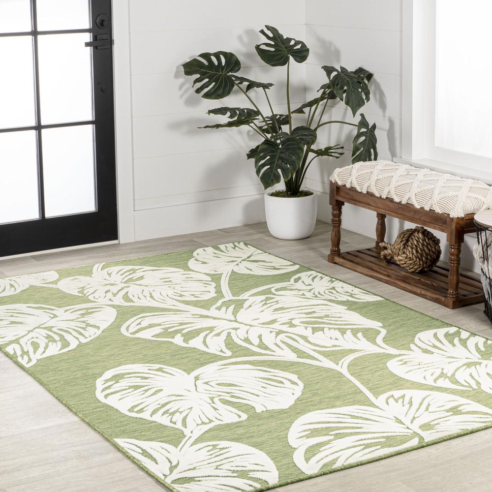 Tobago High-Low Two Tone Monstera Leaf Area Rug. Picture 6
