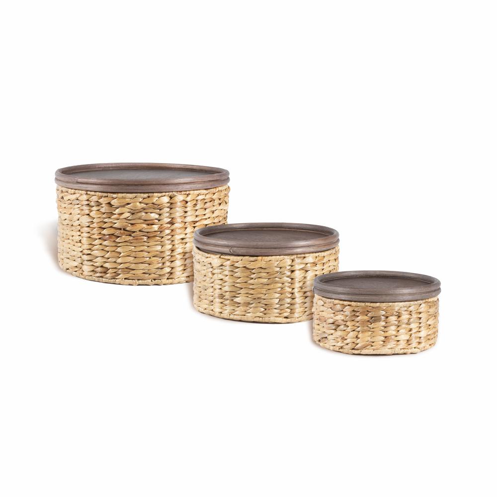 Gouda Southwestern Hand-Woven Hyacinth Circular Nesting Baskets With Wood Lids. Picture 1