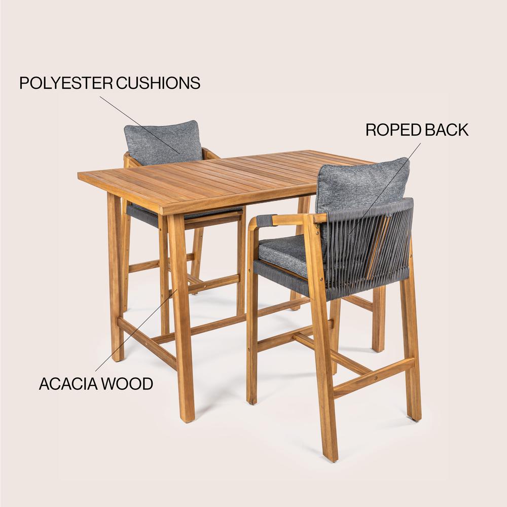 Porto Modern Coastal 3-Piece Acacia Wood Outdoor Bar Set With Cushions. Picture 5