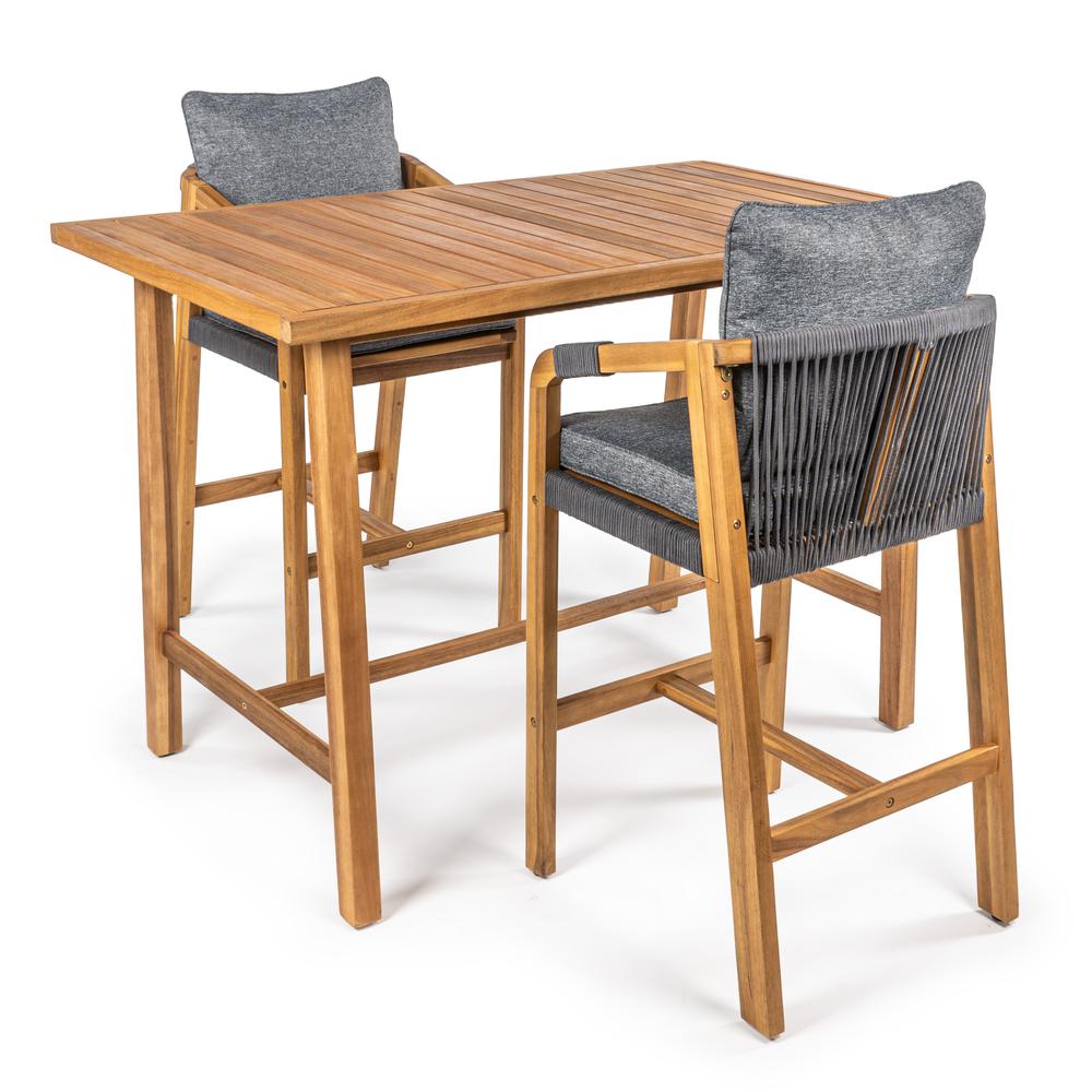 Porto Modern Coastal 3-Piece Acacia Wood Outdoor Bar Set With Cushions. Picture 1