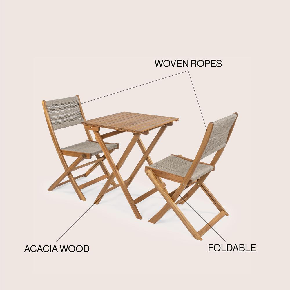 Javea Modern Coastal 3-Piece Acacia Wood Outdoor Folding Bistro Set. Picture 6