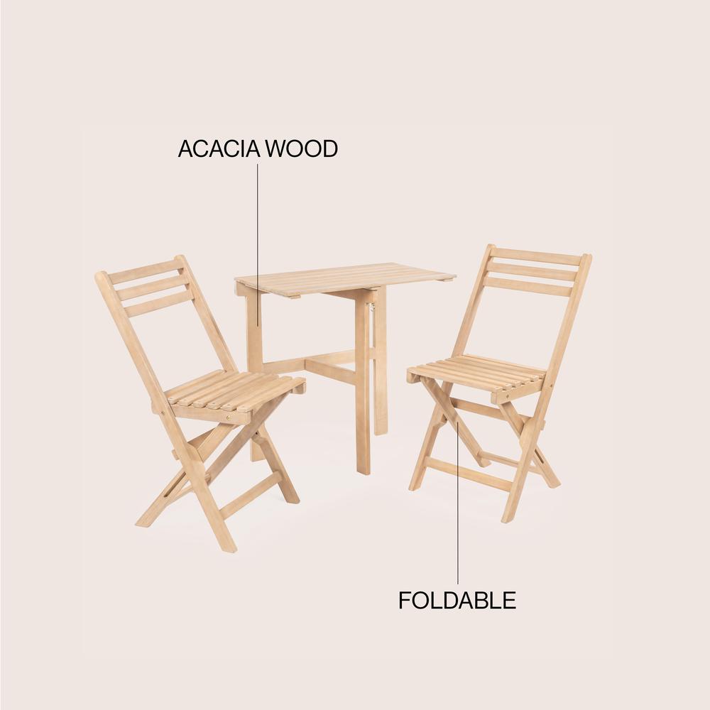 Traditional 3-Piece Acacia Wood Half-Rectangular Outdoor Folding Bistro Set. Picture 5