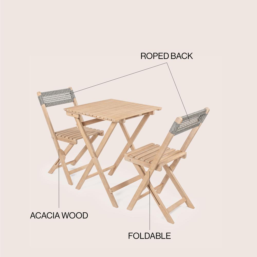 Sitges Modern Mid-Century 3-Piece Roped Acacia Wood Outdoor Folding Bistro Set. Picture 10