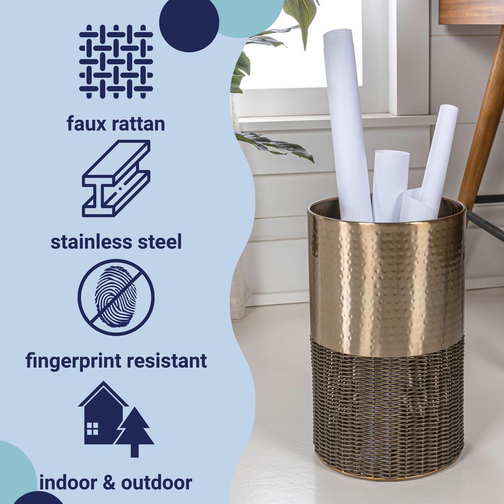 Asher Modern 4.13-Gallon 2-Tone Faux Wicker/Metal Cylinder Waste Basket. Picture 4