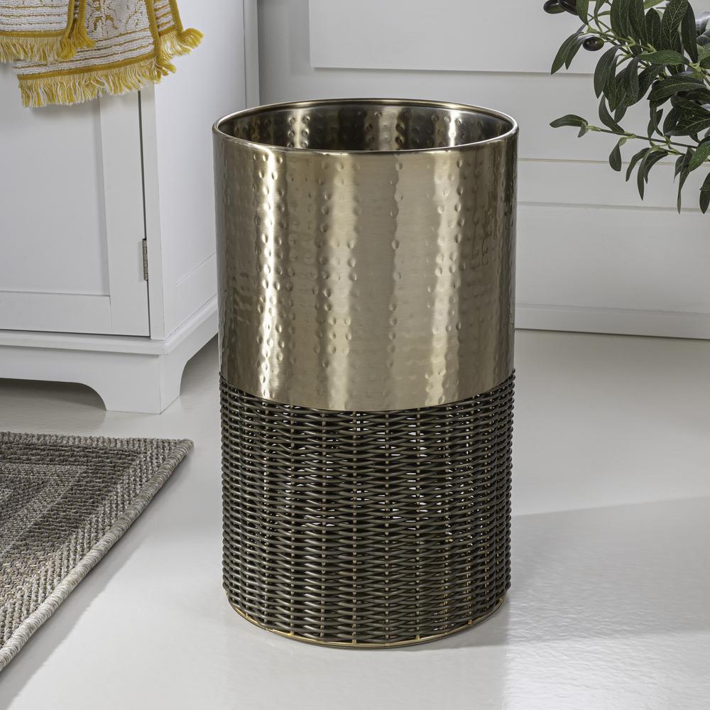 Asher Modern 4.13-Gallon 2-Tone Faux Wicker/Metal Cylinder Waste Basket. Picture 2