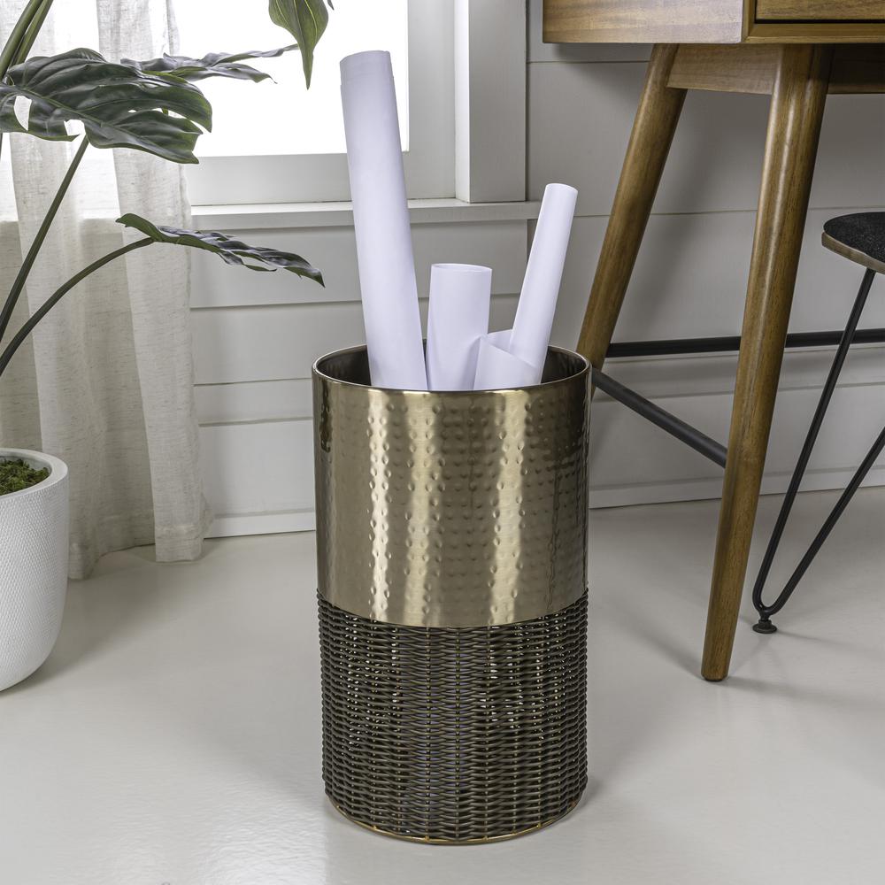 Asher Modern 4.13-Gallon 2-Tone Faux Wicker/Metal Cylinder Waste Basket. Picture 5