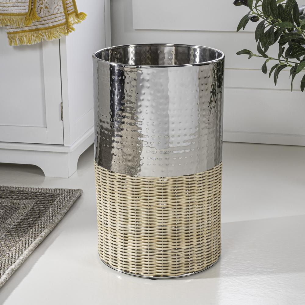 Asher Modern 4.13-Gallon 2-Tone Natural Wicker/Metal Cylinder Waste Basket. Picture 2