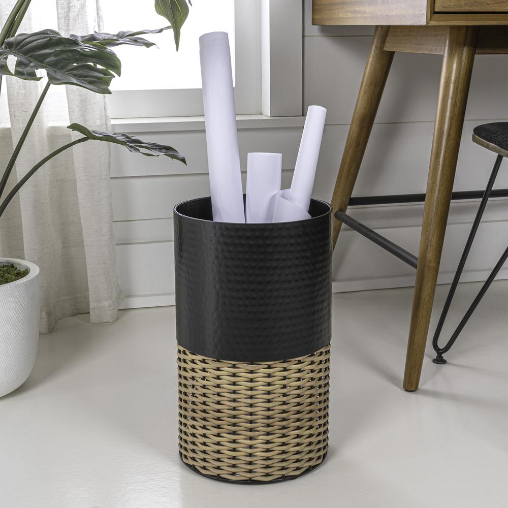 Asher Modern 4.13-Gallon 2-Tone Faux Wicker/Metal Cylinder Waste Basket. Picture 5