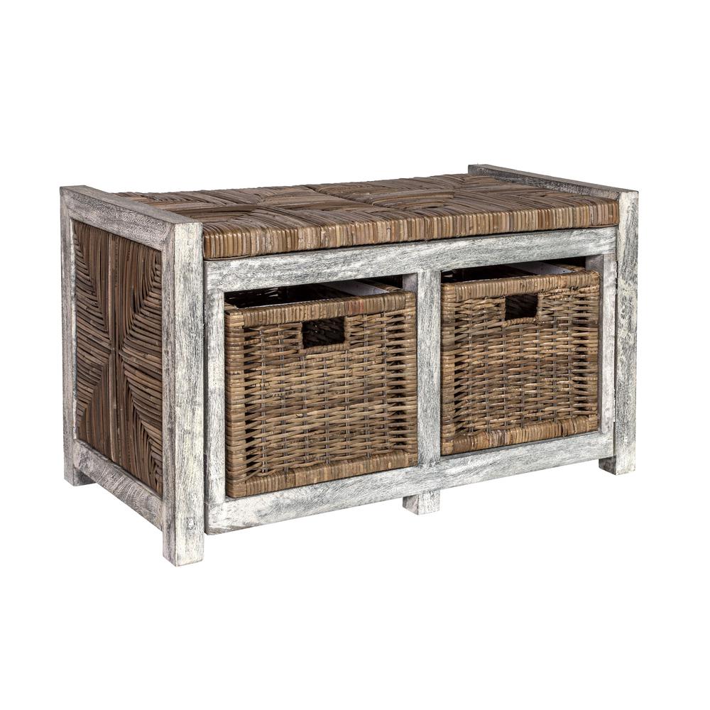 Rustic 2-Drawer Wicker Storage Bench. Picture 3