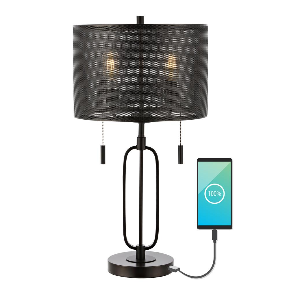 Hank Industrial Farmhouse Iron LED Table Lamp with USB Charging Port. Picture 5