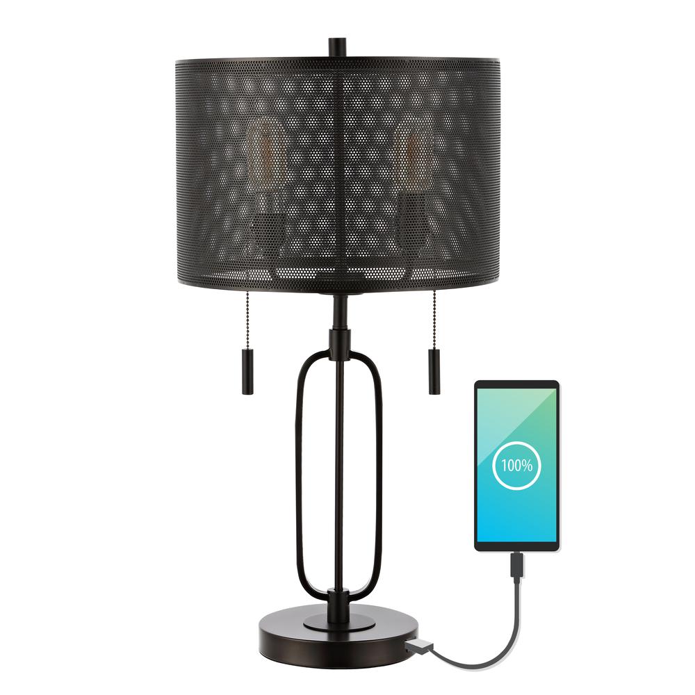 Hank Industrial Farmhouse Iron LED Table Lamp with USB Charging Port. Picture 1