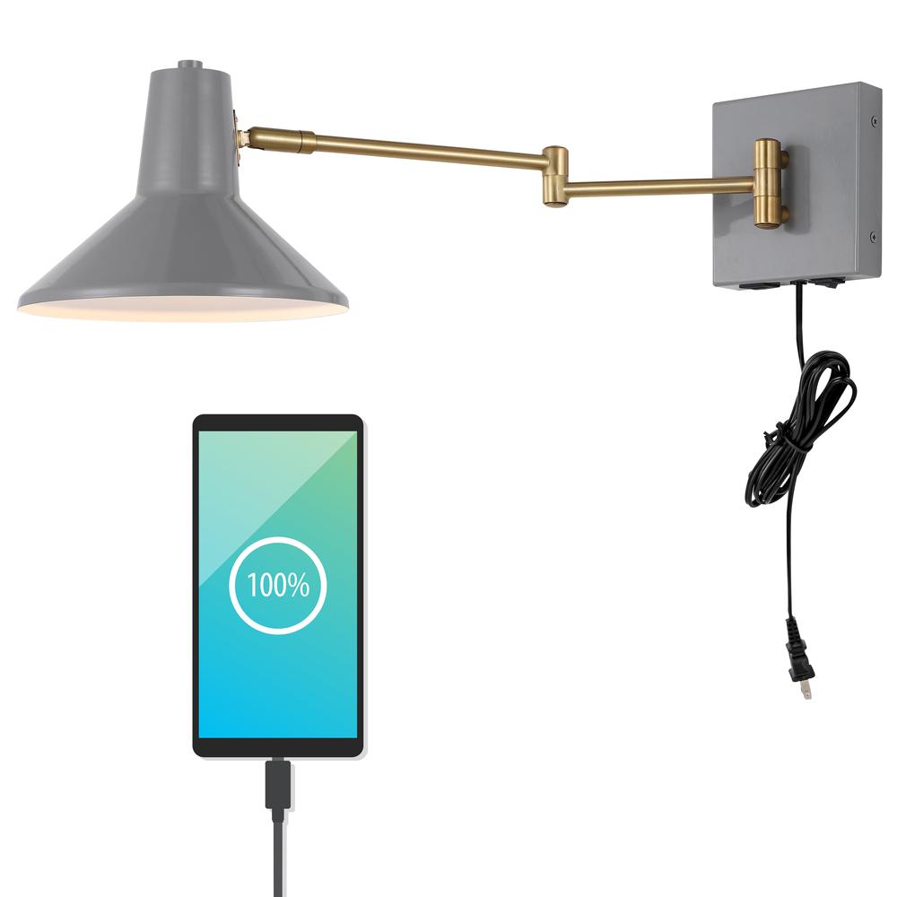 Hygge Swing Arm Modern Midcentury Iron USB Charging Port LED Sconce. Picture 9