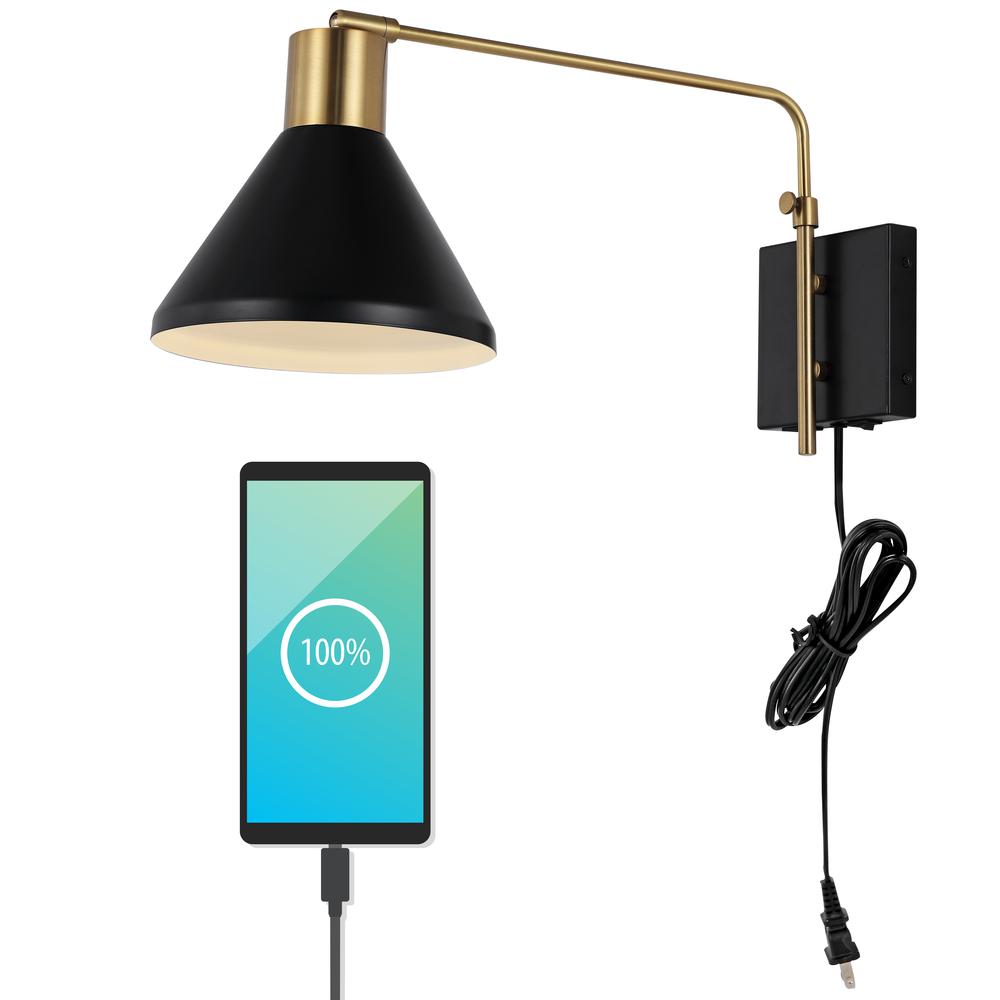 Max Swing Arm Modern Midcentury Iron USB Charging Port LED Sconce. Picture 9