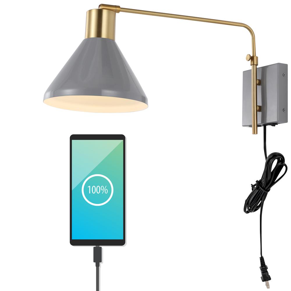 Max Swing Arm Modern Midcentury Iron USB Charging Port LED Sconce. Picture 9