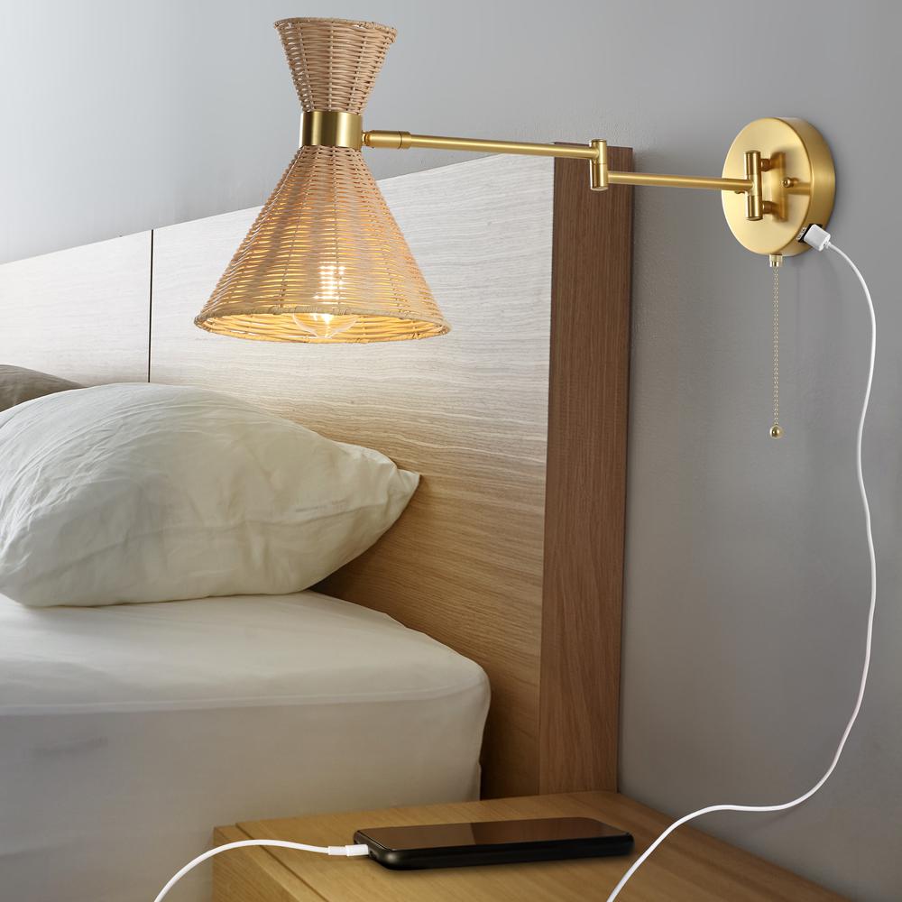 Retro Rattan/Metal Usb Charging Swing Arm Led Sconce. Picture 6