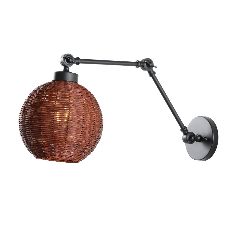 Lyla 1-Light Mid-Century Vintage Rattan Globe Swing Arm Led Sconce. Picture 1
