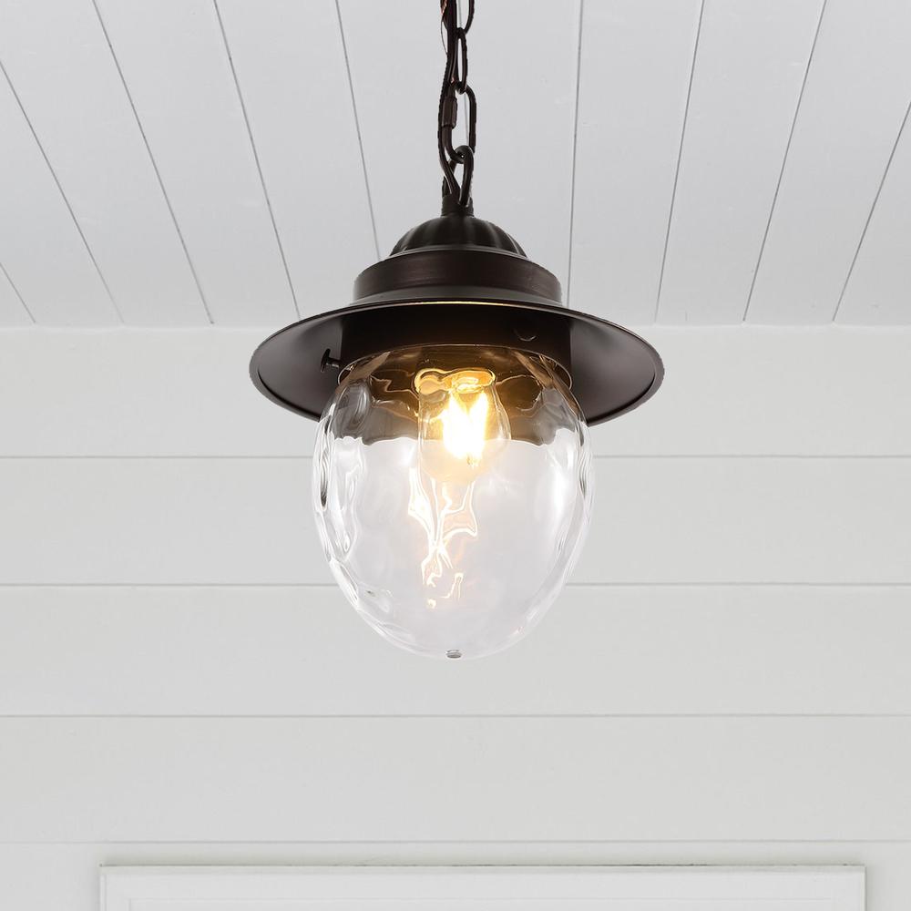 Manteo Farmhouse Industrial Iron/Glass Outdoor LED Pendant. Picture 6