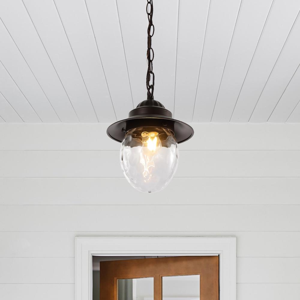 Manteo Farmhouse Industrial Iron/Glass Outdoor LED Pendant. Picture 4