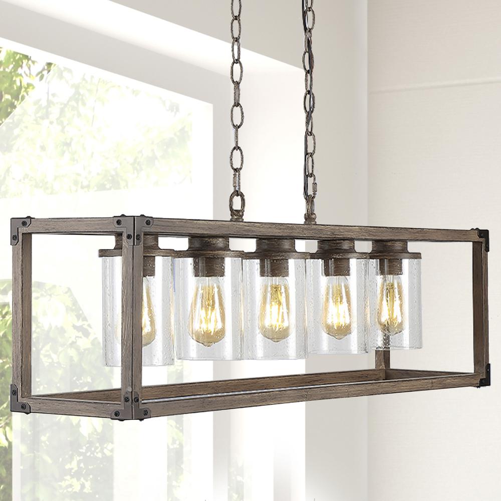 Zeniba Linear Adjustable Iron/Seeded Glass Rustic Farmhouse LED Pendant. Picture 15