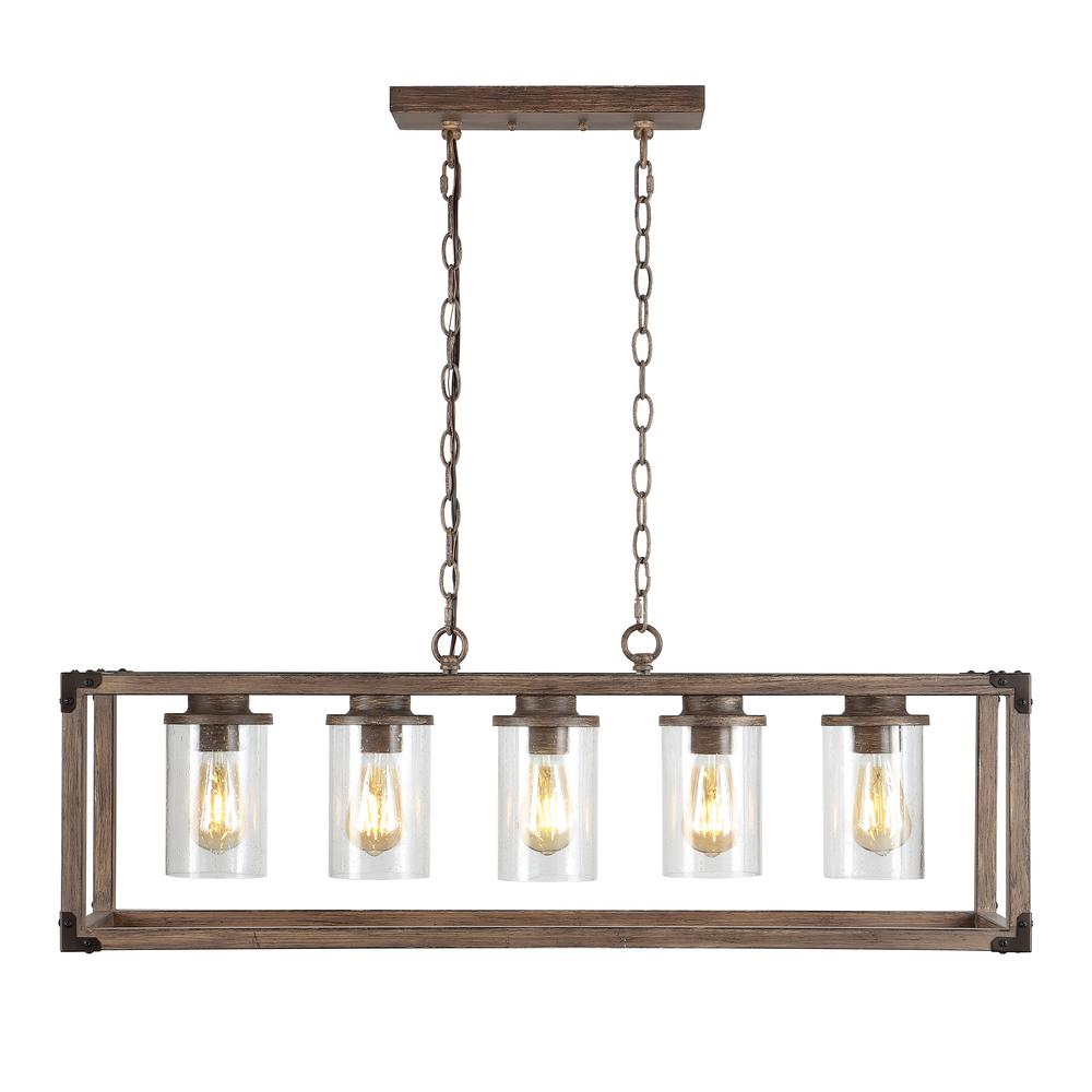 Zeniba Linear Adjustable Iron/Seeded Glass Rustic Farmhouse LED Pendant. Picture 1
