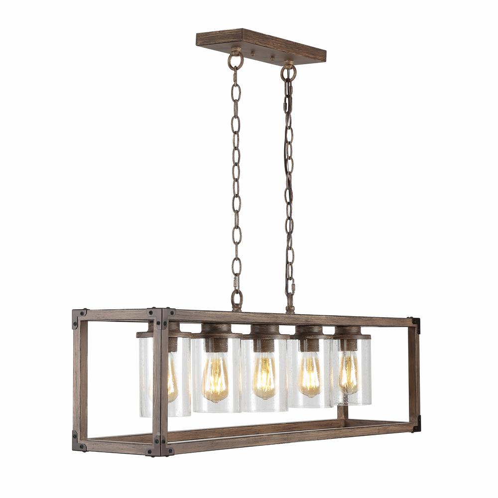 Zeniba Linear Adjustable Iron/Seeded Glass Rustic Farmhouse LED Pendant. Picture 8