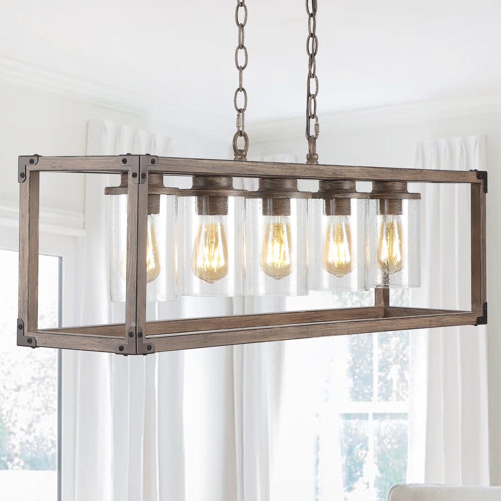Zeniba Linear Adjustable Iron/Seeded Glass Rustic Farmhouse LED Pendant. Picture 5