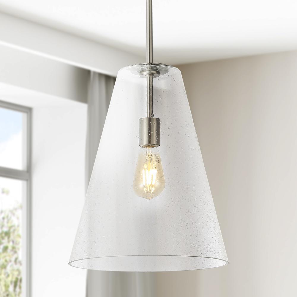 Arlo Mid Century Modern Iron/Seeded Glass Led Pendant. Picture 7