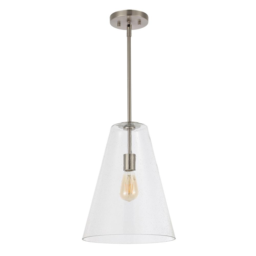 Arlo Mid Century Modern Iron/Seeded Glass Led Pendant. Picture 1