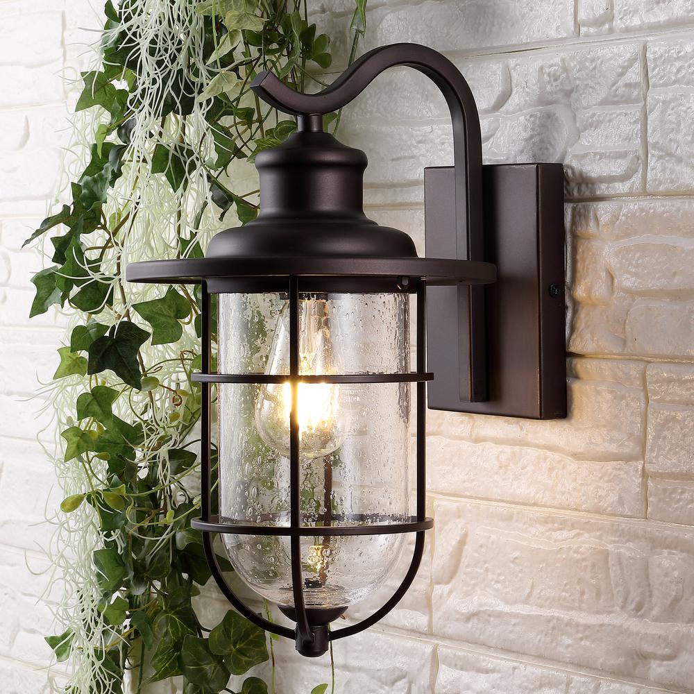 Westfield Iron/Seeded Glass Rustic Industrial Cage LED Outdoor Lantern. Picture 10