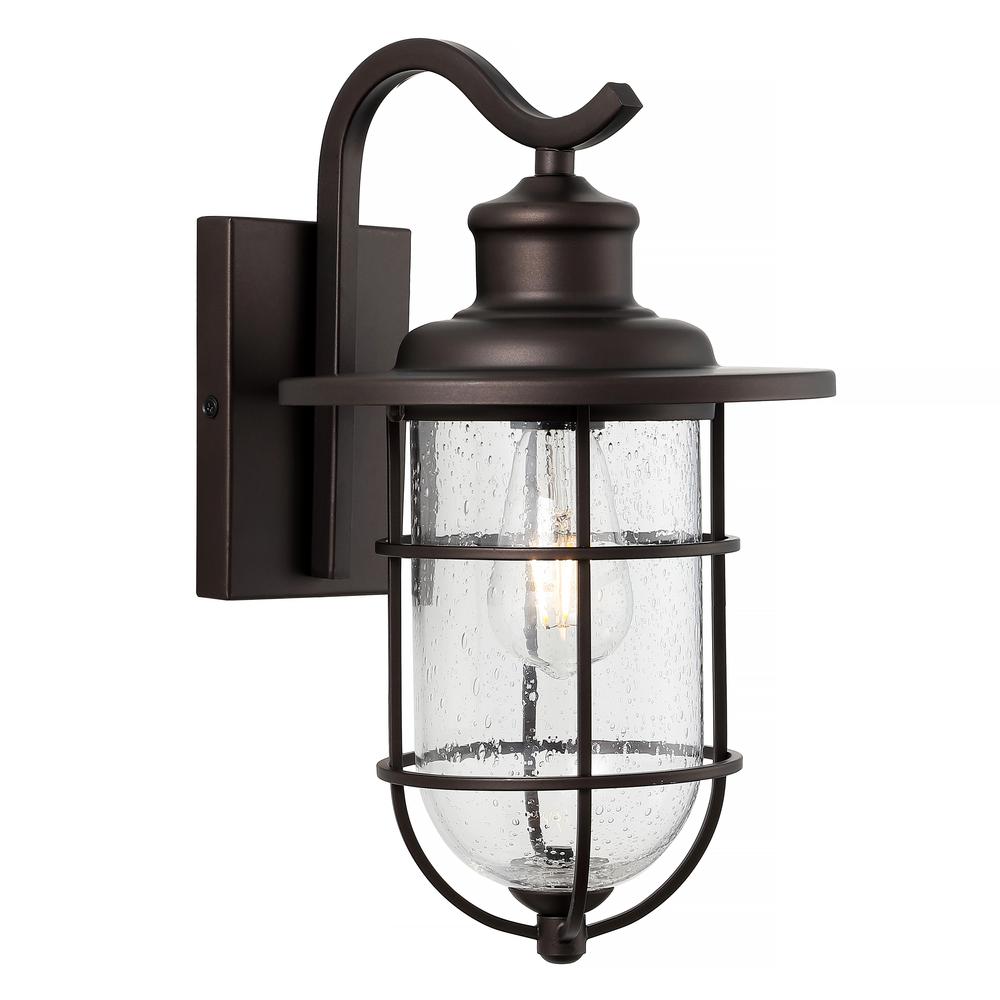 Westfield Iron/Seeded Glass Rustic Industrial Cage LED Outdoor Lantern. Picture 9