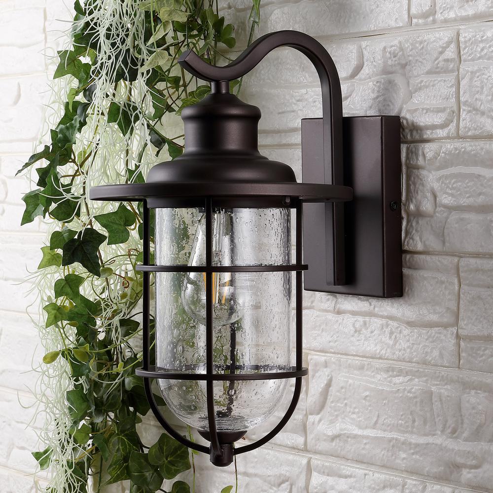 Westfield Iron/Seeded Glass Rustic Industrial Cage LED Outdoor Lantern. Picture 7