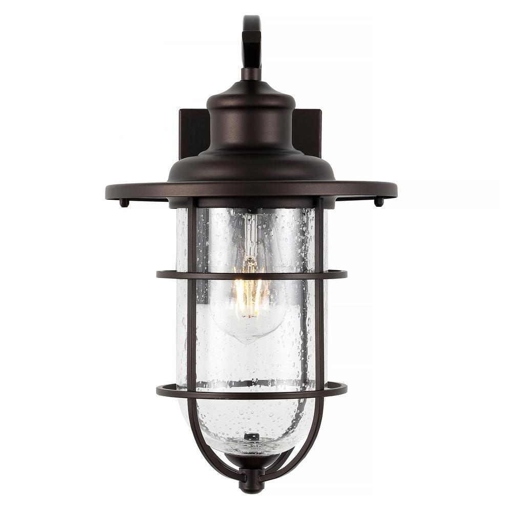 Westfield Iron/Seeded Glass Rustic Industrial Cage LED Outdoor Lantern. Picture 1