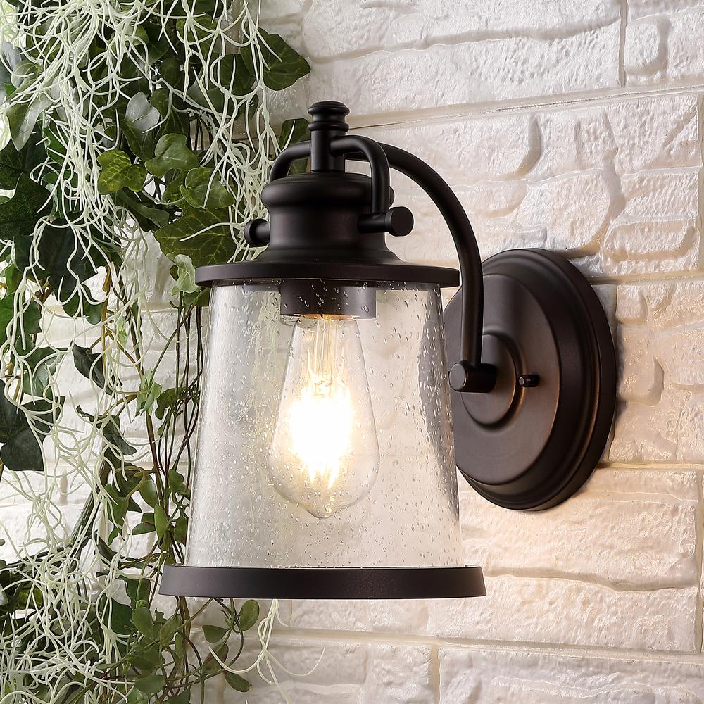 Marais Iron/Seeded Glass Vintage Rustic LED Outdoor Lantern. Picture 9