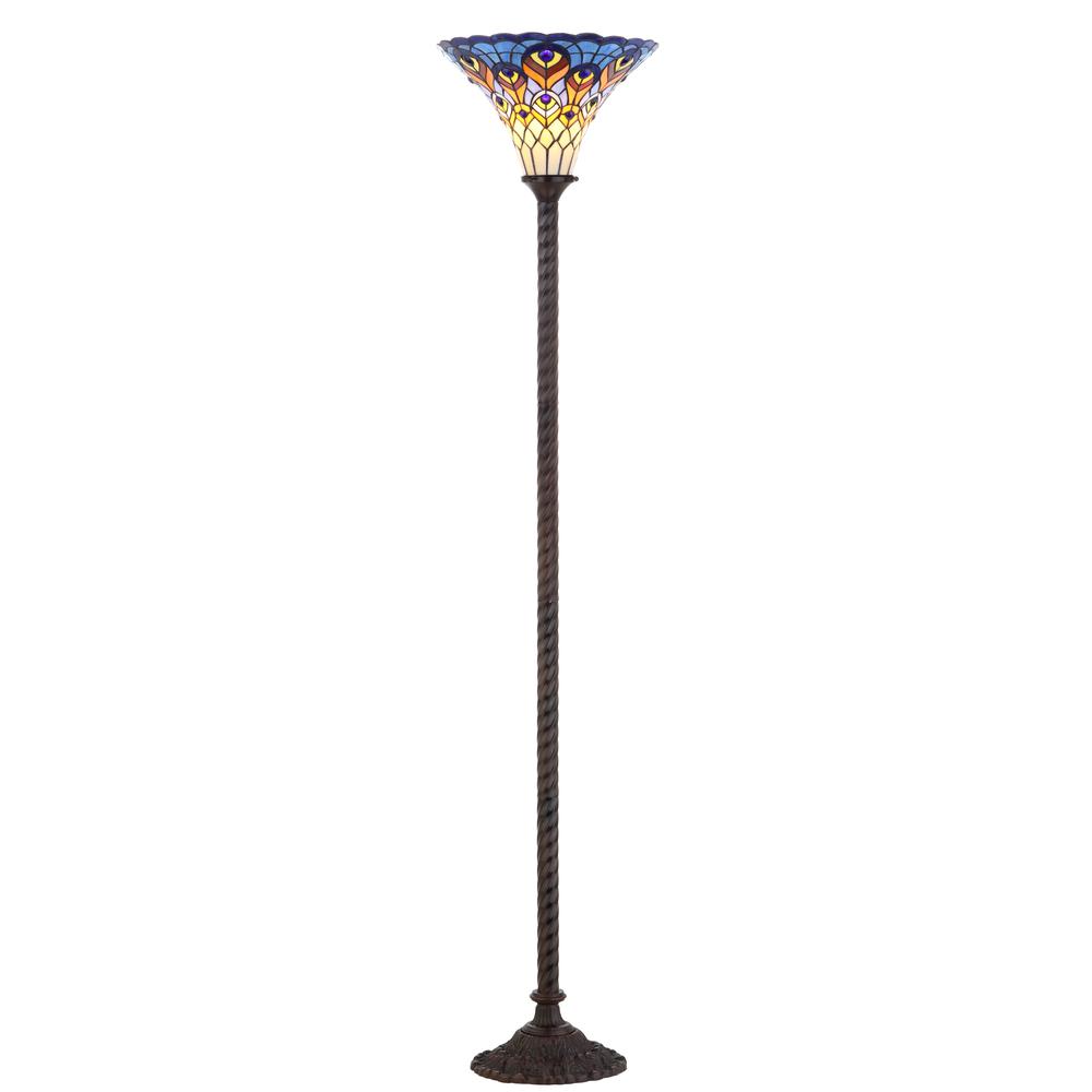 Peacock Tiffany Style Torchiere LED Floor Lamp. Picture 1