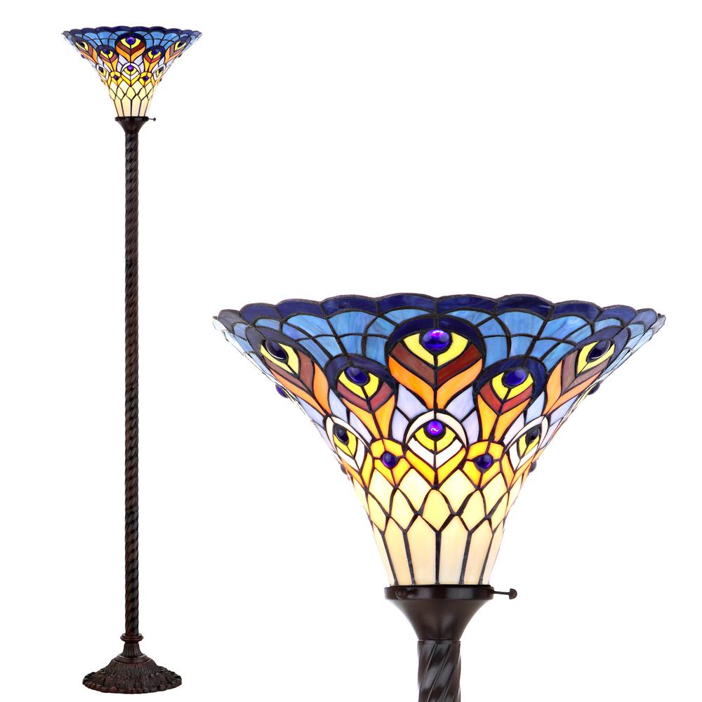 Peacock Tiffany Style Torchiere LED Floor Lamp. Picture 4
