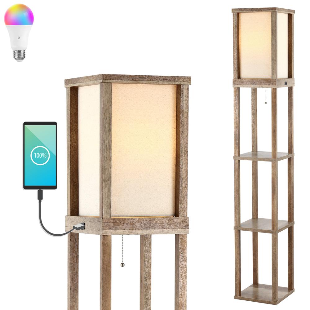 Etagere Rustic Bohemian Wooden LED Shelf Floor Lamp with Pull Chain. Picture 4