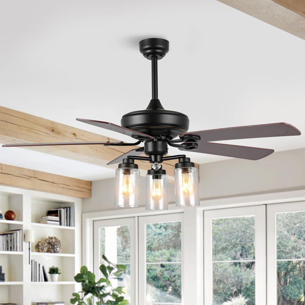 Industrial Iron/Woodseeded Glass Mobile Appremote Controlled LED Ceiling Fan. Picture 7