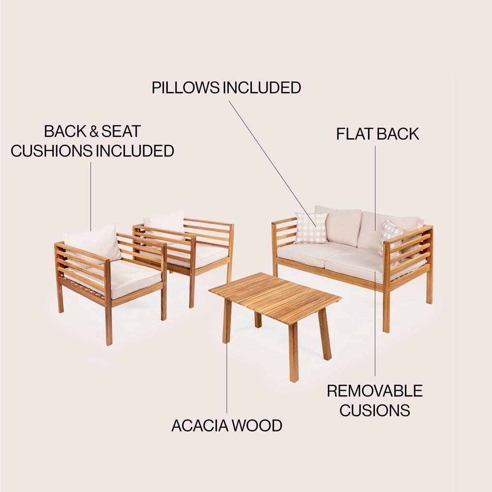 Thom 4-Piece Mid-Century Modern Acacia Wood Outdoor Patio Set. Picture 3