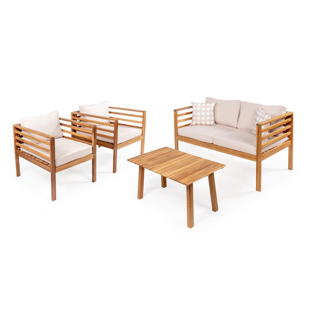 Thom 4-Piece Mid-Century Modern Acacia Wood Outdoor Patio Set. Picture 1