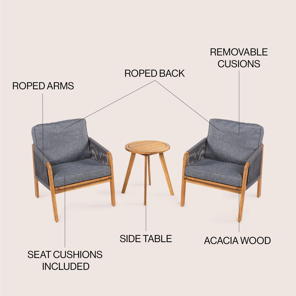 Aveiro 3-Piece Modern Bohemian Roped Acacia Wood Conversation Outdoor Patio Set. Picture 4