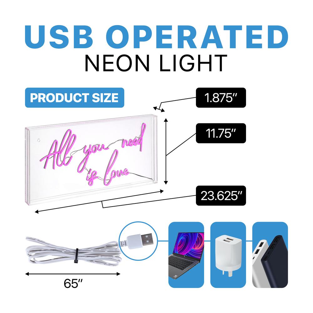 USB All You Need Is Love Glam Acrylic Box USB Operated LED Neon Light. Picture 3