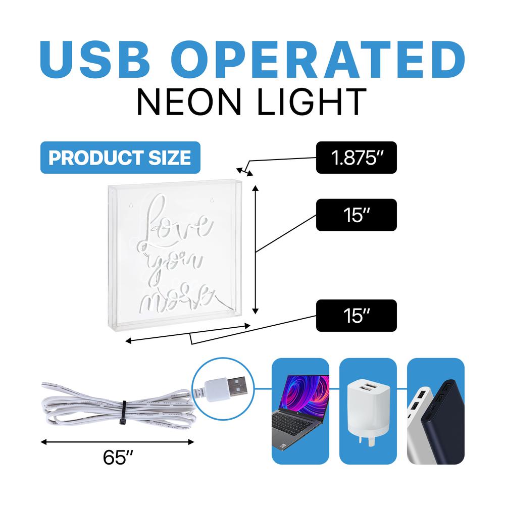 Love You More Square Contemporary Glam Acrylic Box USB Operated LED Neon Light. Picture 3