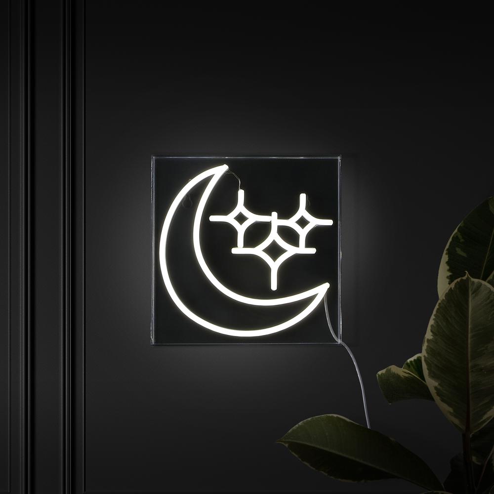 Starry Crescent Square Contemporary Glam Acrylic Box USB Operated LED Neon Light. Picture 7