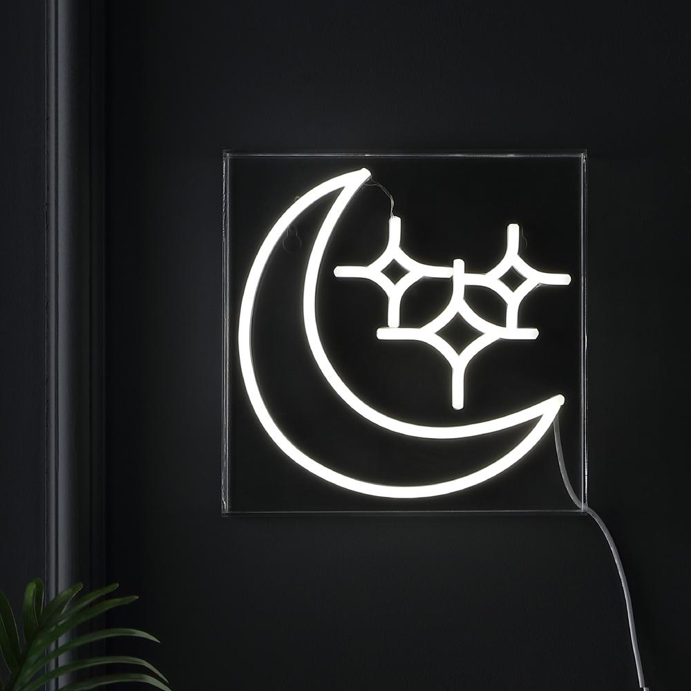 Starry Crescent Square Contemporary Glam Acrylic Box USB Operated LED Neon Light. Picture 2